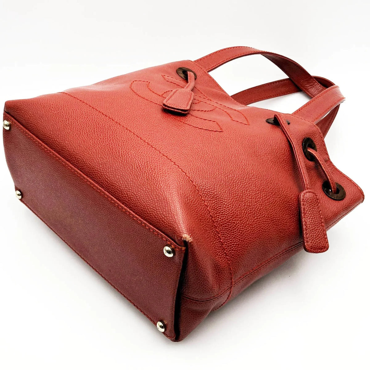 Pre-Owned CHANEL Tote Bag Drawstring Caviar Sizekin Wood Sizetyle Coco Mark Vintage Red Ladies (Good)