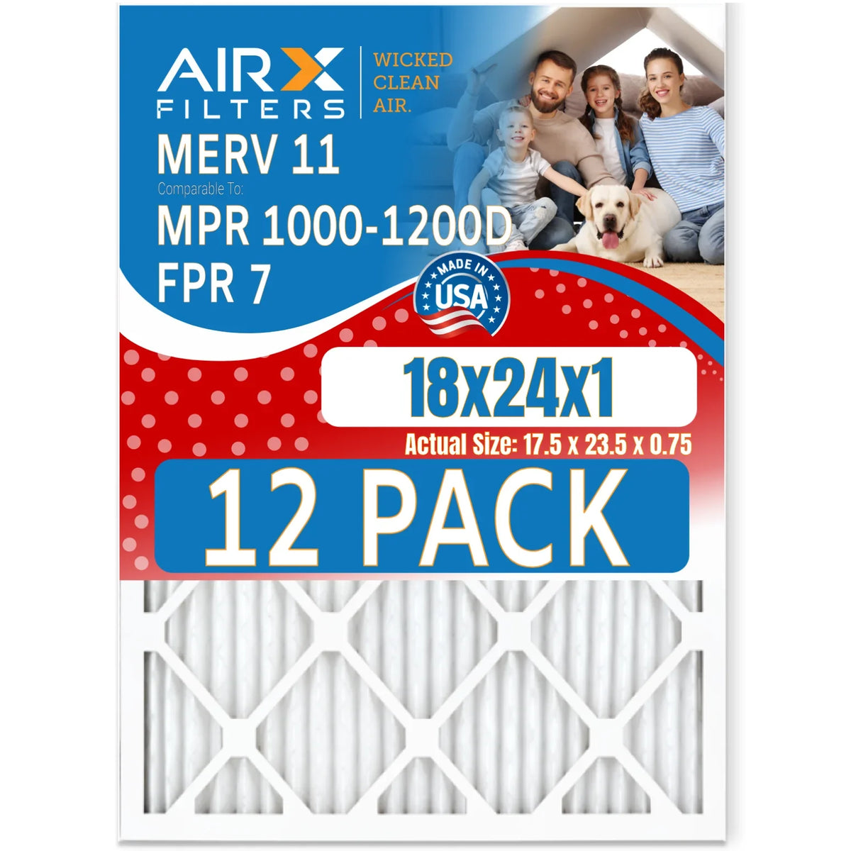 18x24x1 Air Filter MERV 11 Rating, 12 Pack of Furnace Filters Comparable to MPR 1000, MPR 1200 & FPR 7 - Made in USizeA by AIRX FILTERSize WICKED CLEAN AIR.