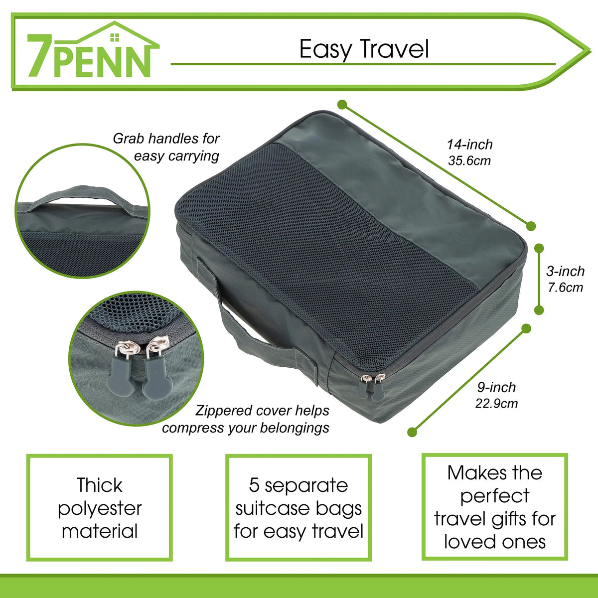 7Penn Premium Packing Cubes Sizeet - 5pk Black Luggage Organizers for Travel