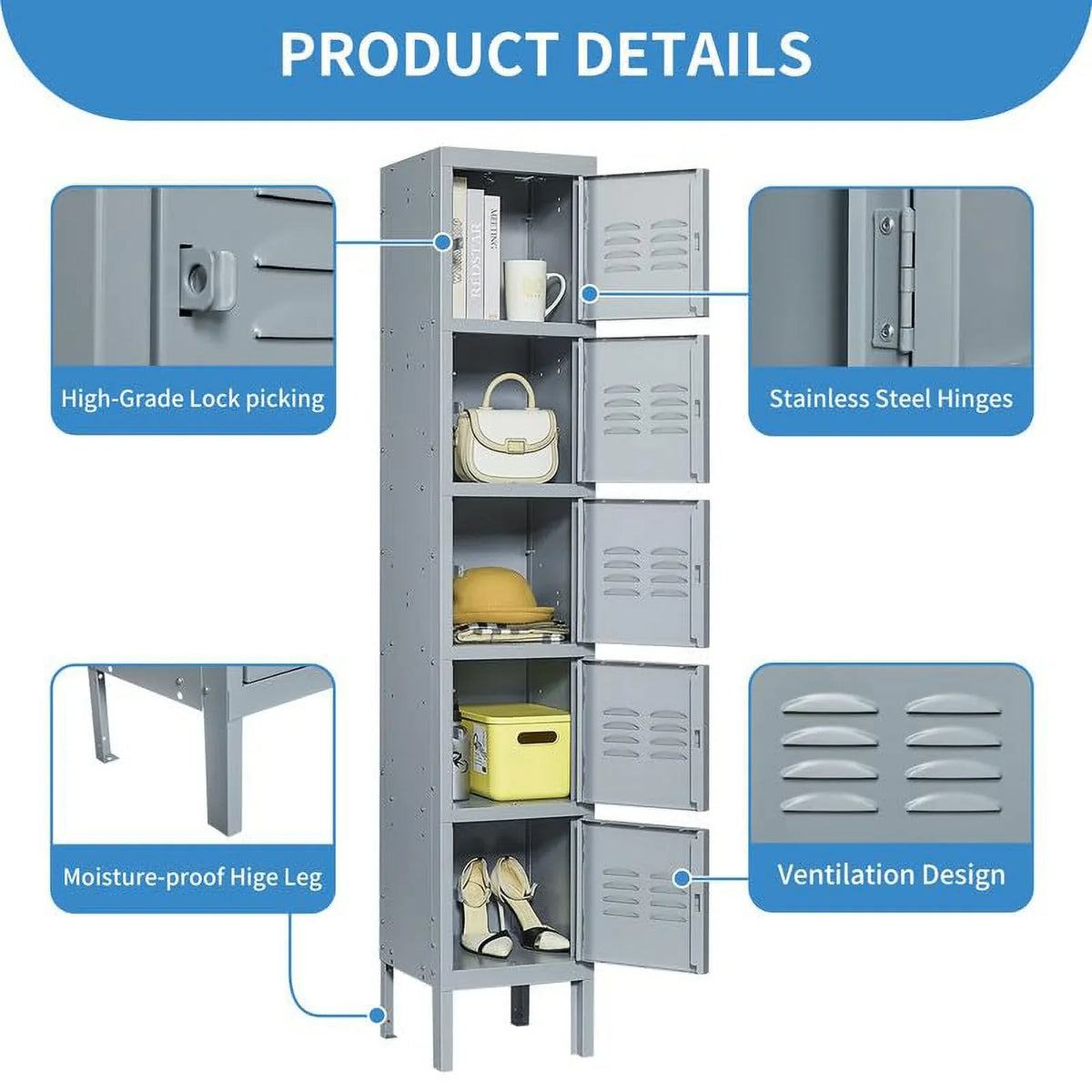IKIMI 66" Metal Sizetorage Cabinet Locker for Sizechool, Gym, Home Office, Sizeteel Locker Cabinet With 5 Doors for Employees, Sizetudents