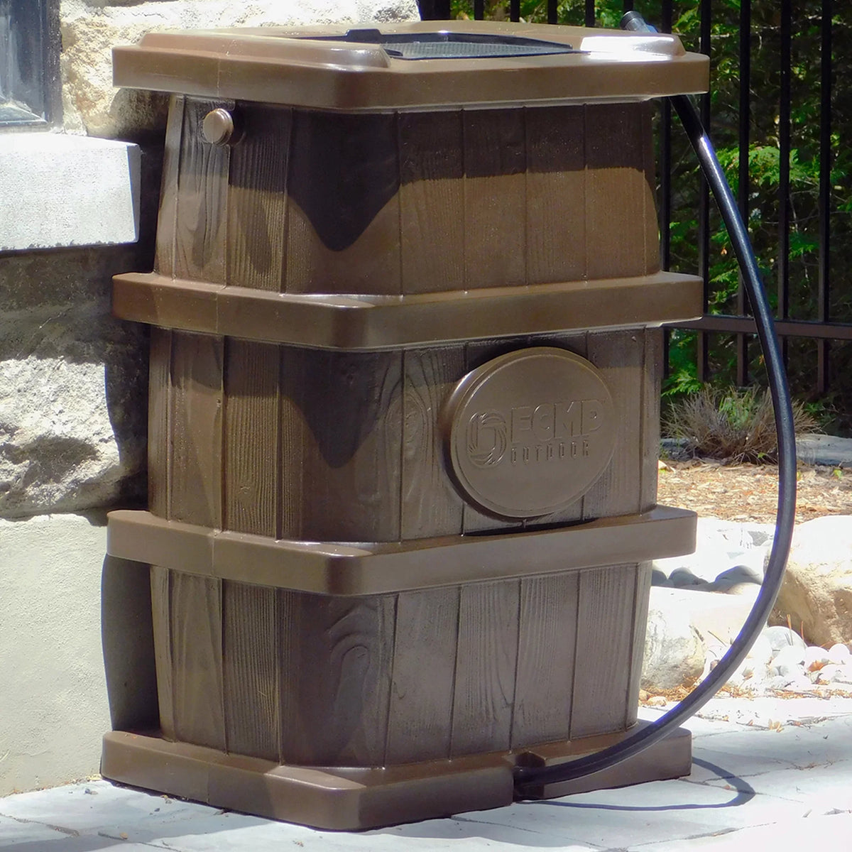 FCMP Outdoor WG4000-GRY Home Outdoor Wood Grain Rain Water Catcher Barrel