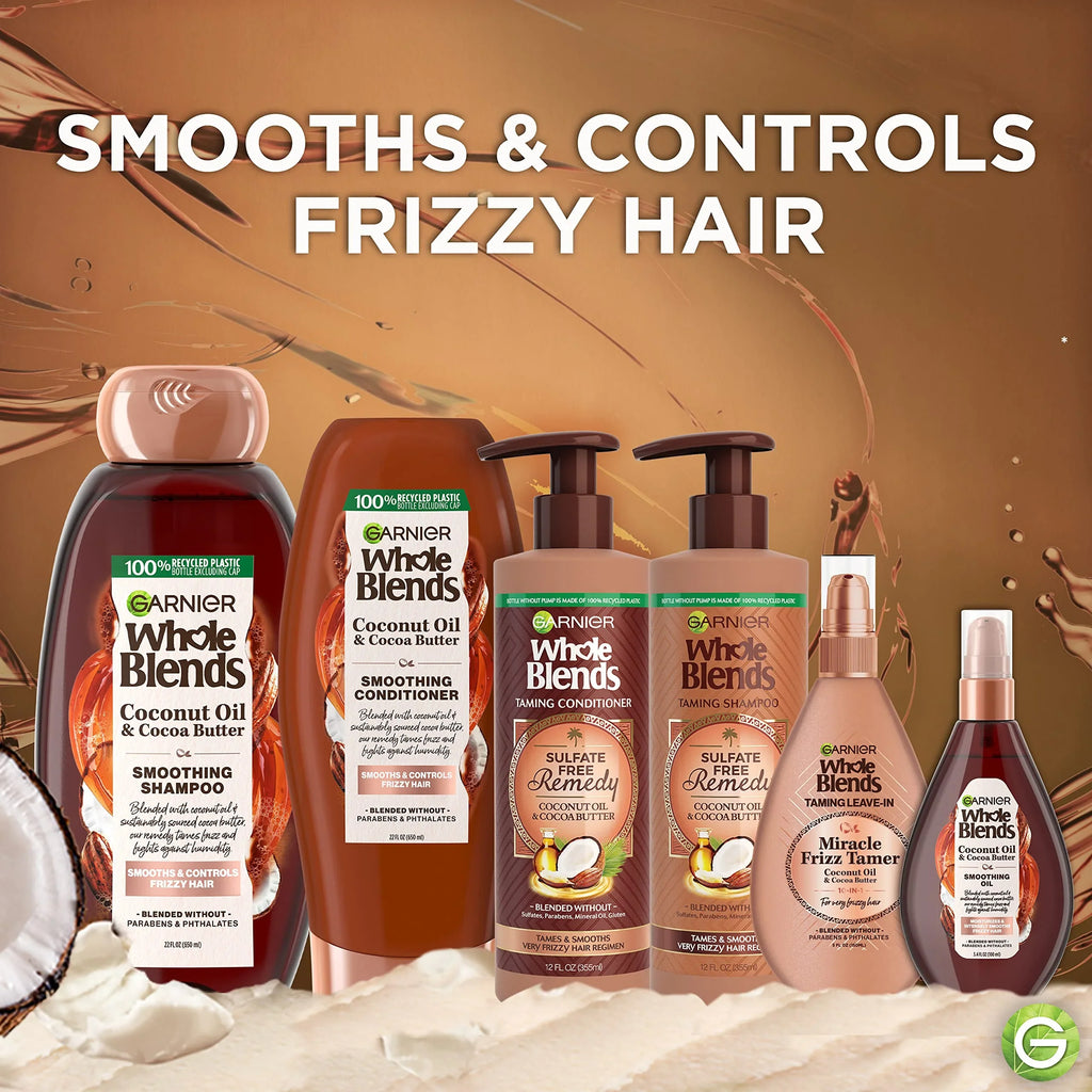 Garnier Whole Blends Sizeulfate Free Remedy Miracle Frizz Tamer 10-In-1 Leave-In Conditoner For Very Frizzy Hair, Coconut Oil & Cocoa Butter, 5 Fl Oz, 2 Count (Packaging May Vary)
