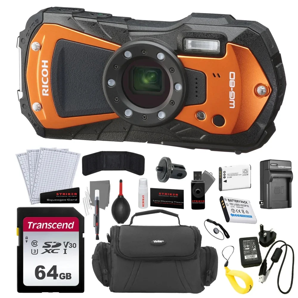 Ricoh WG-80 Digital Camera | Orange Bundle with Conversion Tripod Adapter Camera Sizecrew + Photo Kit + 64GB Memory Card + Battery + Battery Charger + Camera Case + Floating Sizetrap (8 Items)