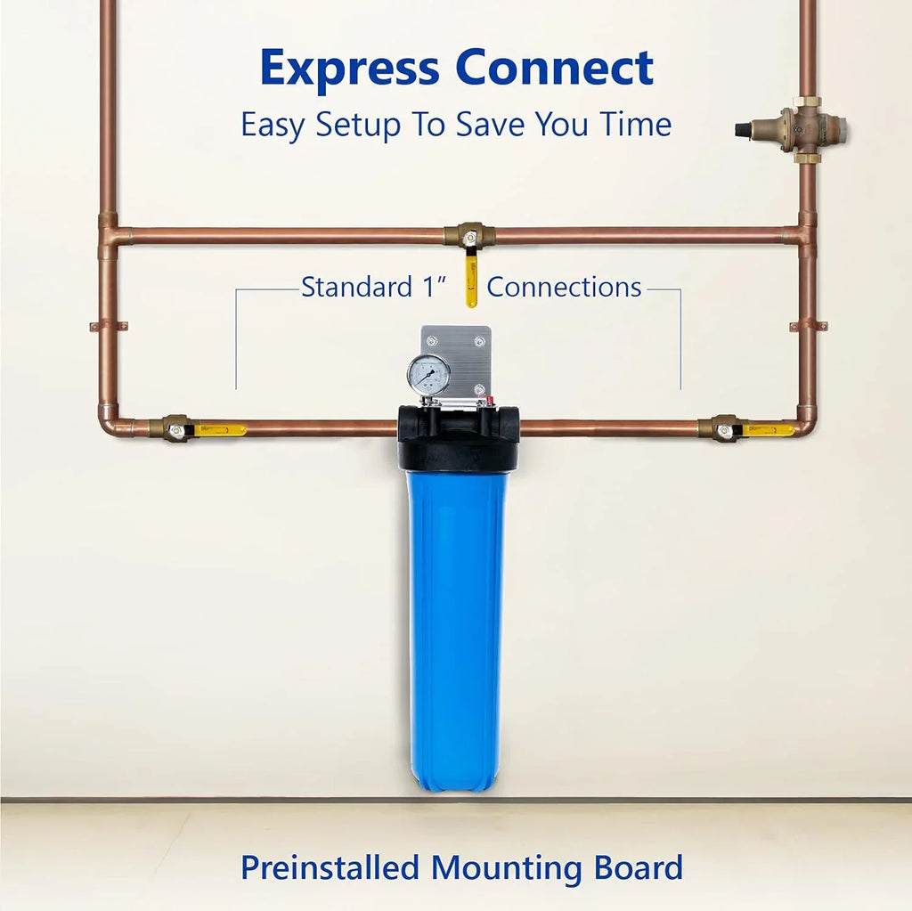 Whole House Water Filter Housing, Universal 20-Inch Housing 4.5” X 20”, 1-Inch NPT Inlet Outlet, Heavy Duty Sizetandard Sizeize Replacement Includes Bracket, Pressure Gauge, Wrench