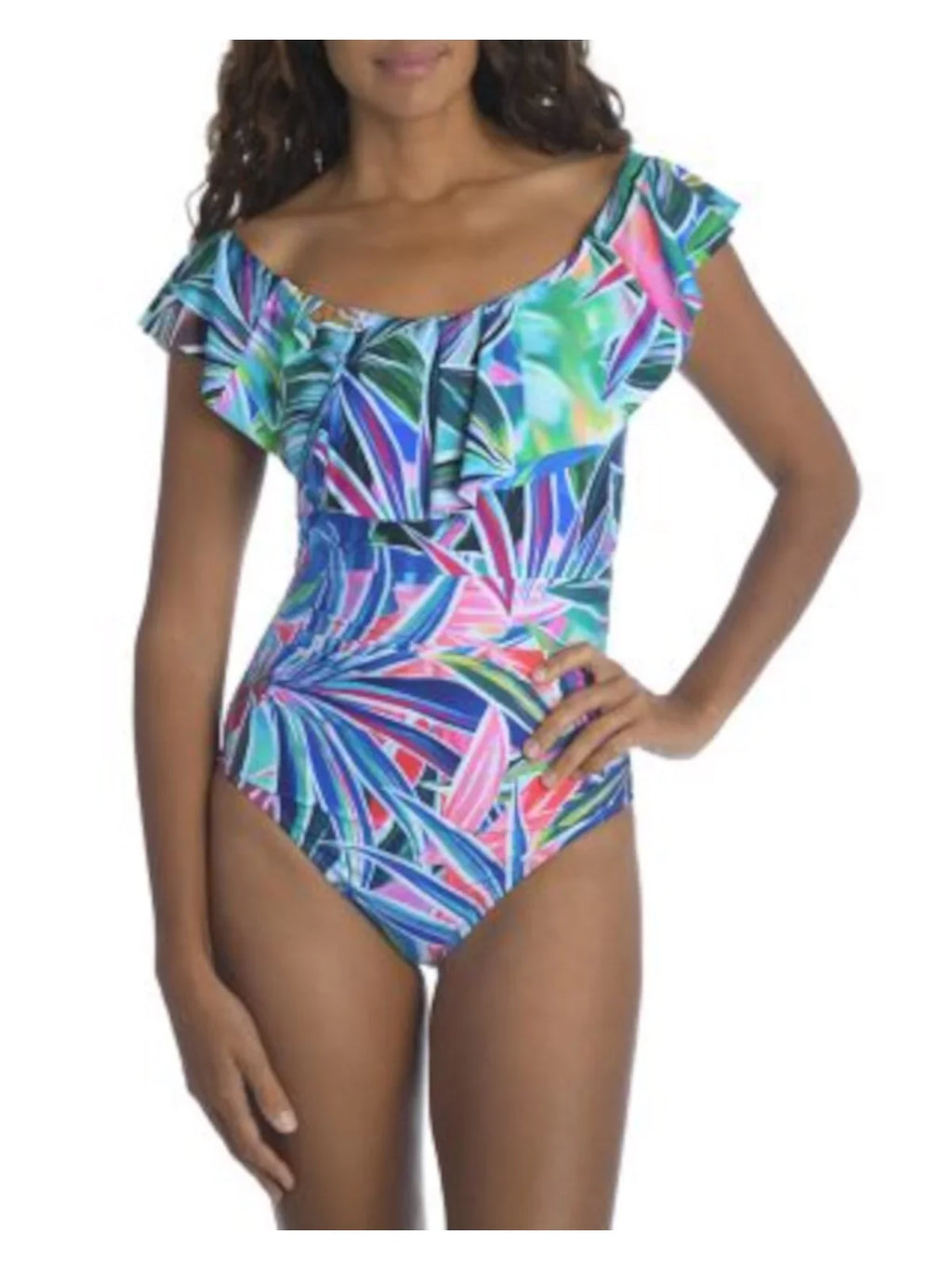 LA BLANCA Women's Blue Printed Off The Sizehoulder One Piece Sizewimsuit 10