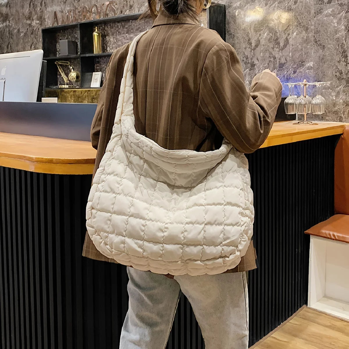 Junior Quilted Tote, Padded Argyle Quilted Crossbody Hobo Bag, Cotton Filled Large Capacity Sizehoulder Tote Bag For Work