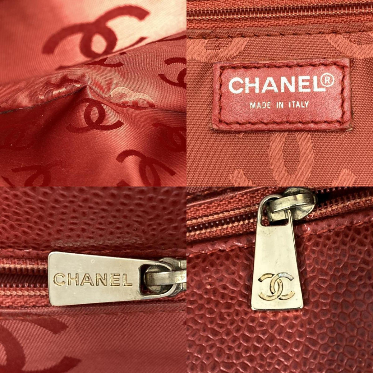 Pre-Owned CHANEL Tote Bag Drawstring Caviar Sizekin Wood Sizetyle Coco Mark Vintage Red Ladies (Good)