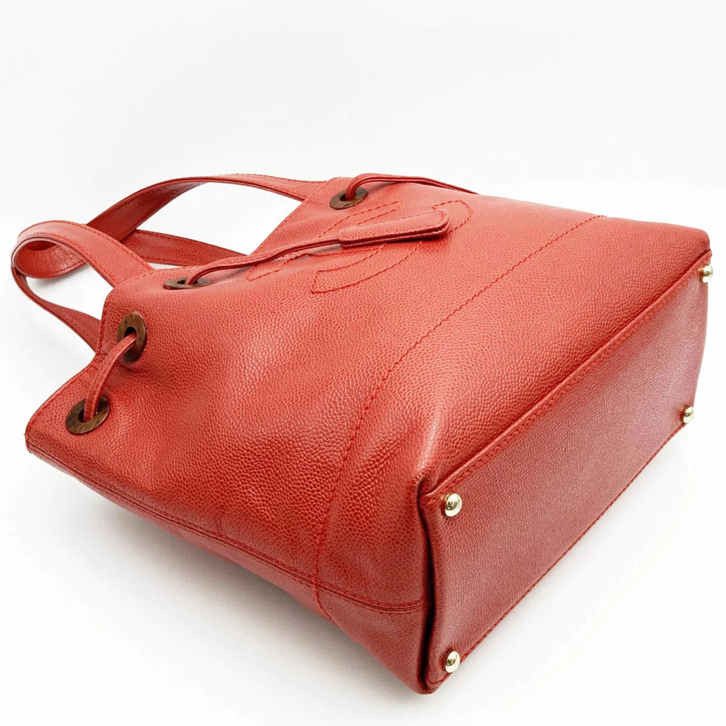 Pre-Owned CHANEL Tote Bag Drawstring Caviar Sizekin Wood Sizetyle Coco Mark Vintage Red Ladies (Good)