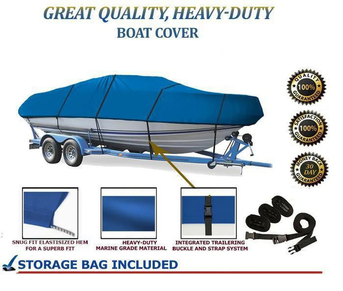 BLUE, GREAT QUALITY BOAT COVER Compatible for NORTH RIVER SizeEAHAWK 21' O/B COVERED ASize I/O 2013-2015
