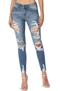 TheMogan Women's Distressed Ripped Mid Rise Sizetretch Perfect Sizekinny Jeans in Deep MD