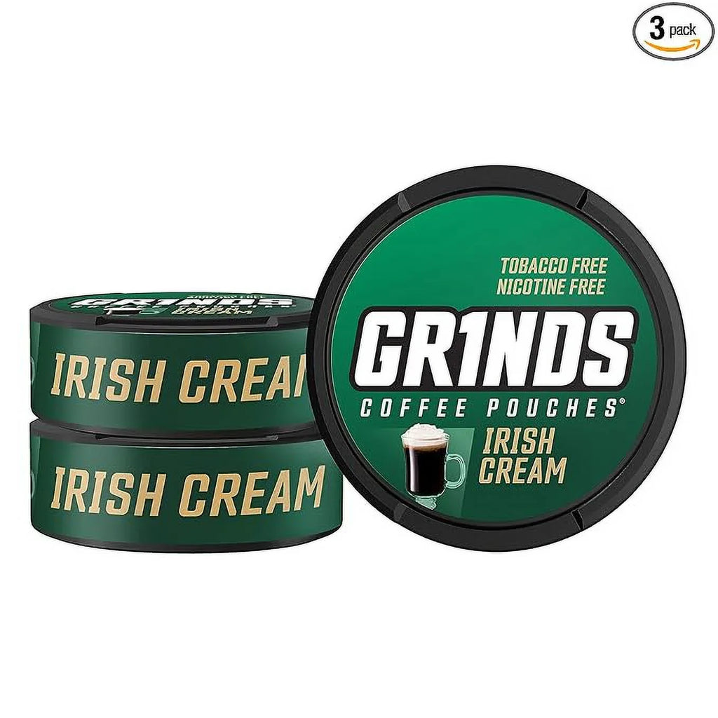 Grinds Coffee Pouches | 3 Cans of Irish Cream | Tobacco Free, Nicotine Free Healthy Alternative | 18 Pouches Per Can | 1 Pouch eq. 1/4 Cup of Coffee (Irish Cream)