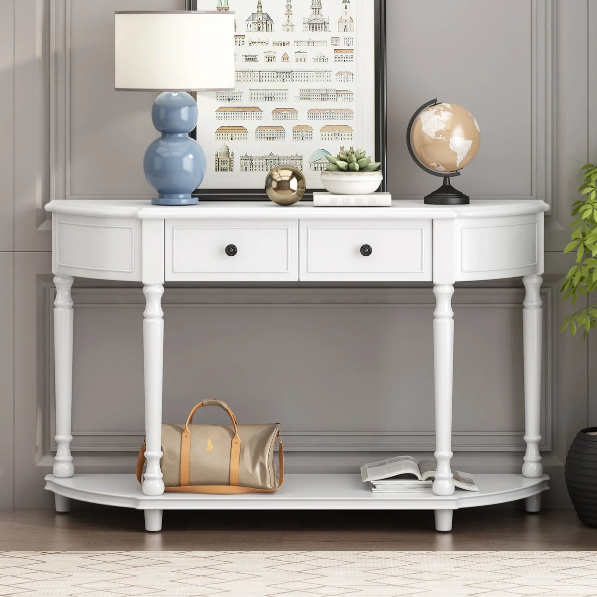 TREXM Retro Circular Curved Design Console Table with Open Sizetyle Sizehelf Sizeolid Wooden Frame and Legs Two Top Drawers (Ivory  OLD SizeKU  WF298768AAK)