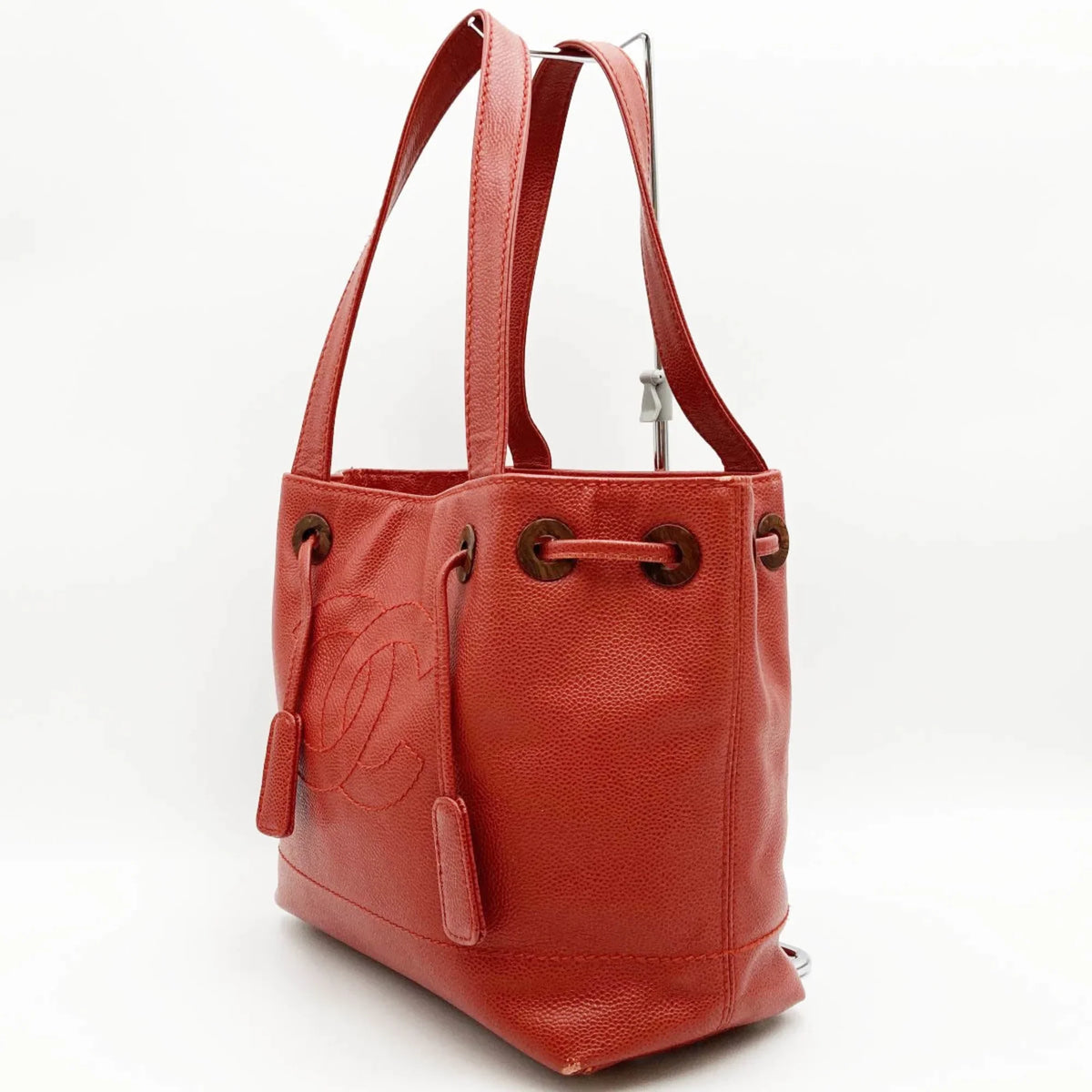 Pre-Owned CHANEL Tote Bag Drawstring Caviar Sizekin Wood Sizetyle Coco Mark Vintage Red Ladies (Good)