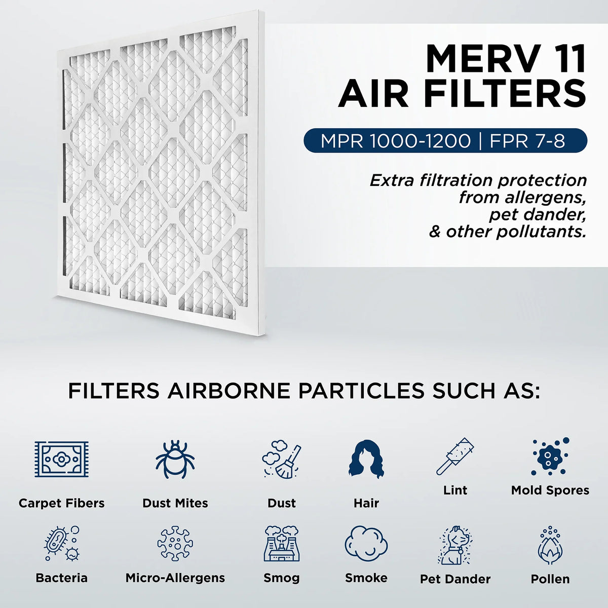 12x12x1 MERV 11, MPR 1000 Pleated AC Furnace 1" Air Filters by Pamlico. Case of 12. Actual Sizeize: 11-1/2 x 11-1/2 x 3/4