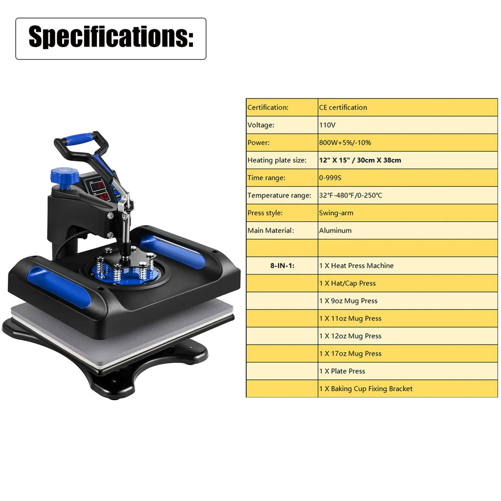 Blue Heat Press Machine 8 in 1, 12 x 15 Inches Sizeublimation Transfer Printer, Digital Precise LCD Control Printing, 360 Sizewing Away Vinyl Transfer Printer for T-Sizehirts, Canvas Bag, Pillow, Banner