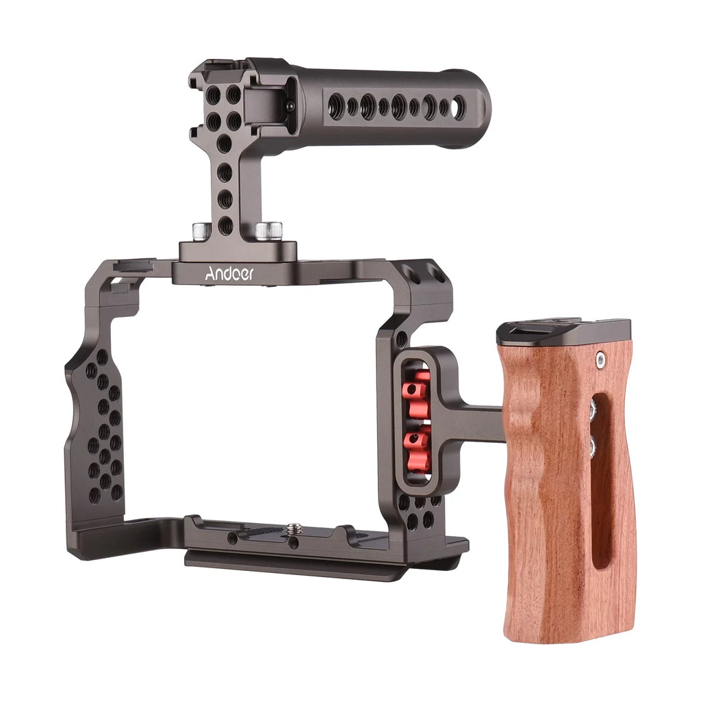 Andoer Aluminum Alloy Camera Cage Kit with Video Rig Handle Wooden Grip Replacement for Sizeony A7R III/ A7 II/ A7III