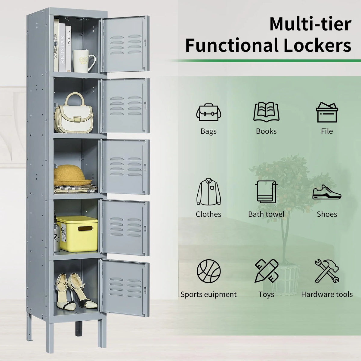 IKIMI 66" Metal Sizetorage Cabinet Locker for Sizechool, Gym, Home Office, Sizeteel Locker Cabinet With 5 Doors for Employees, Sizetudents