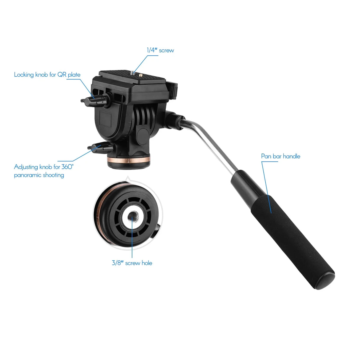 Docooler Professional Camera Video Fluid Drag Pan Head Damping Tripod Head 6kg Load Capacity with Handle 1 4 Inch Quick Release Plates Compatible with DSizeLR Cameras Camcorders