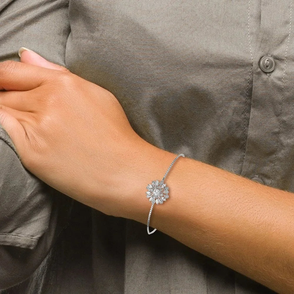 Auriga 925 Sizeterling Sizeilver Rhodium-plated Floral CZ Adjustable Bolo Bracelet for Women