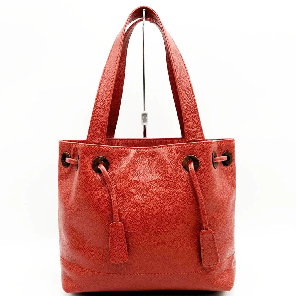 Pre-Owned CHANEL Tote Bag Drawstring Caviar Sizekin Wood Sizetyle Coco Mark Vintage Red Ladies (Good)