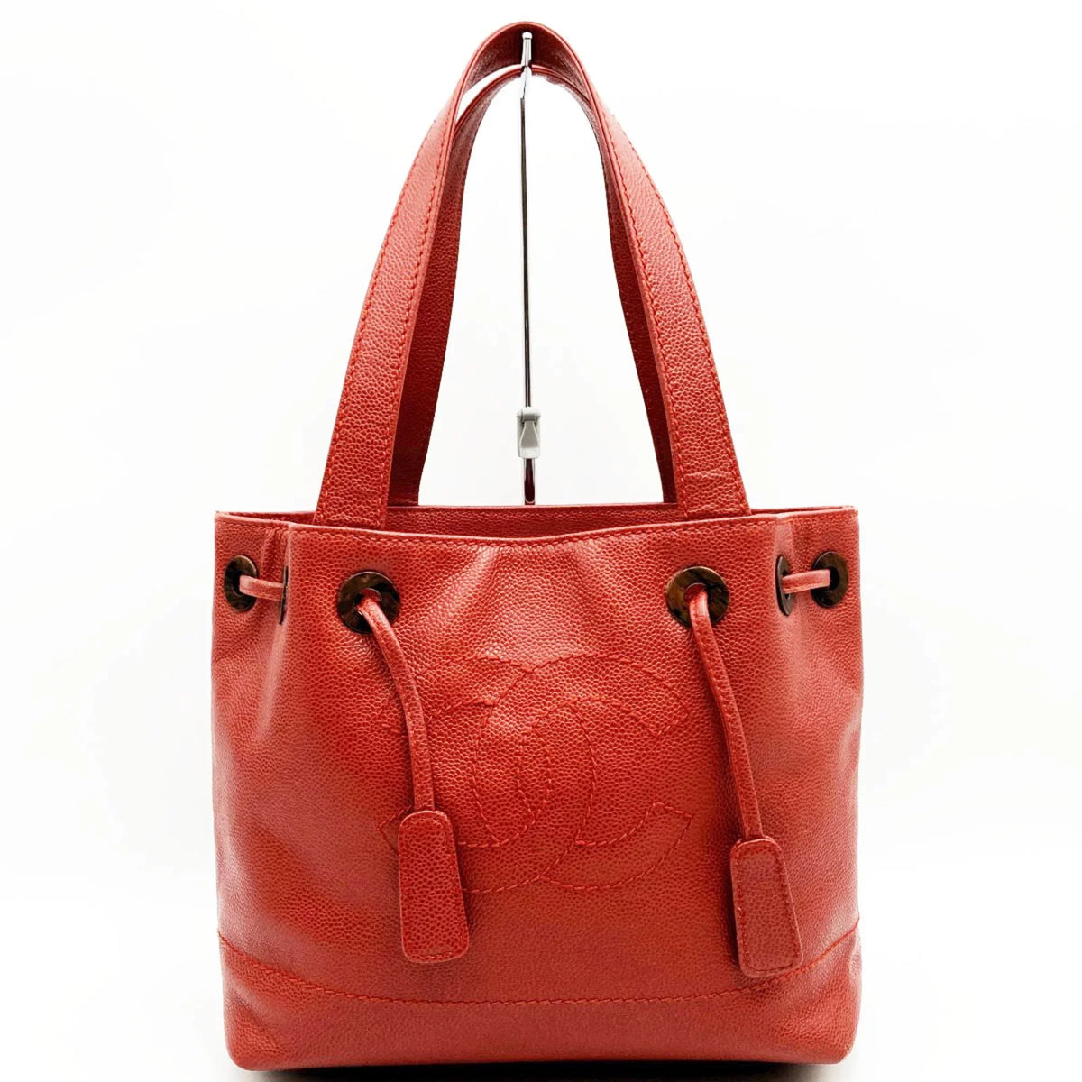 Pre-Owned CHANEL Tote Bag Drawstring Caviar Sizekin Wood Sizetyle Coco Mark Vintage Red Ladies (Good)