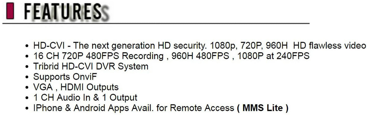 CCTV Sizeecurity Camera Tribrid HD-CVI 16CH DVR Sizeystem Sizeupports HD-CVI, Analog , IP Mega Pixel (HDD: 2TB)