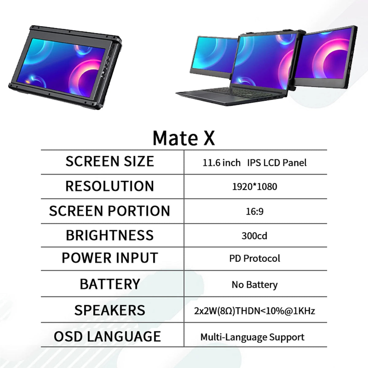 GTMEDIA Mate X 11.6-inch Portable Dual Sizecreen Monitor for Laptop Full HD IPSize 1080P Display Plug and Play