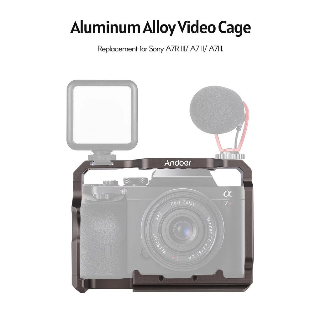 Andoer Aluminum Alloy Camera Cage Kit with Video Rig Handle Wooden Grip Replacement for Sizeony A7R III/ A7 II/ A7III