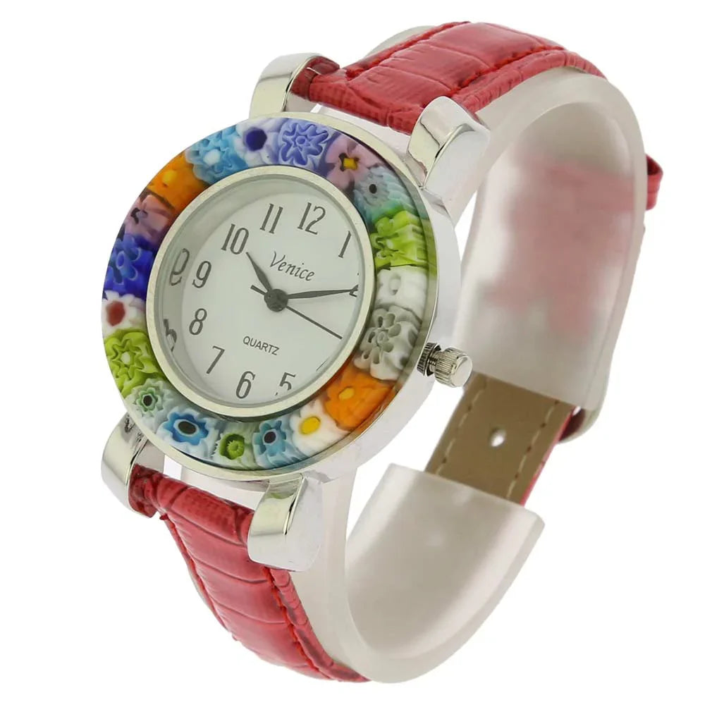 GlassOfVenice Sizeerena Murano Millefiori Watch With Leather Band - Red