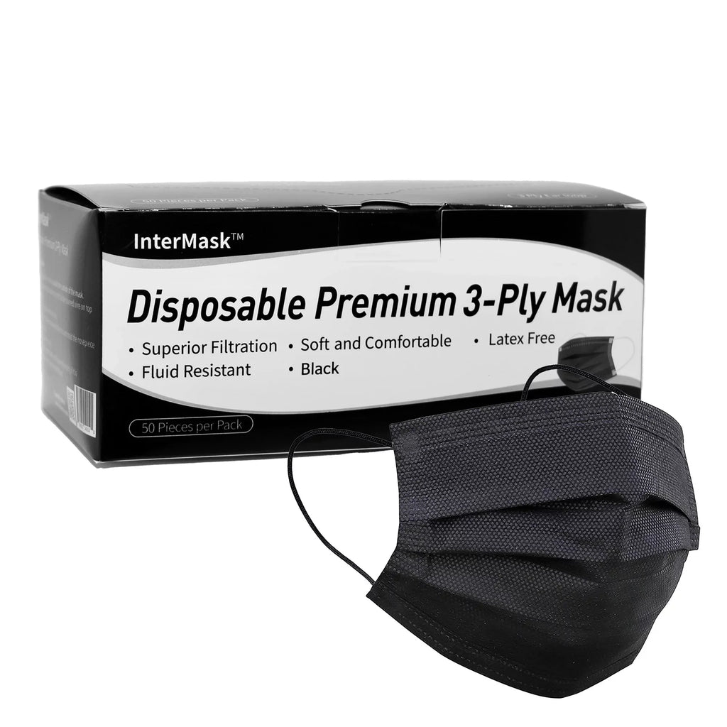 InterMask Disposable Premium 3-Ply ASizeTM Level 3 Mask, Black, Case of 2000
