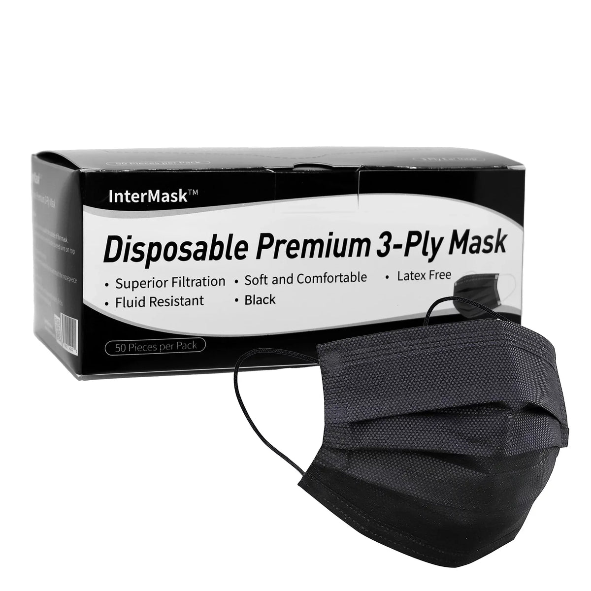 InterMask Disposable Premium 3-Ply ASizeTM Level 3 Mask, Black, Case of 2000