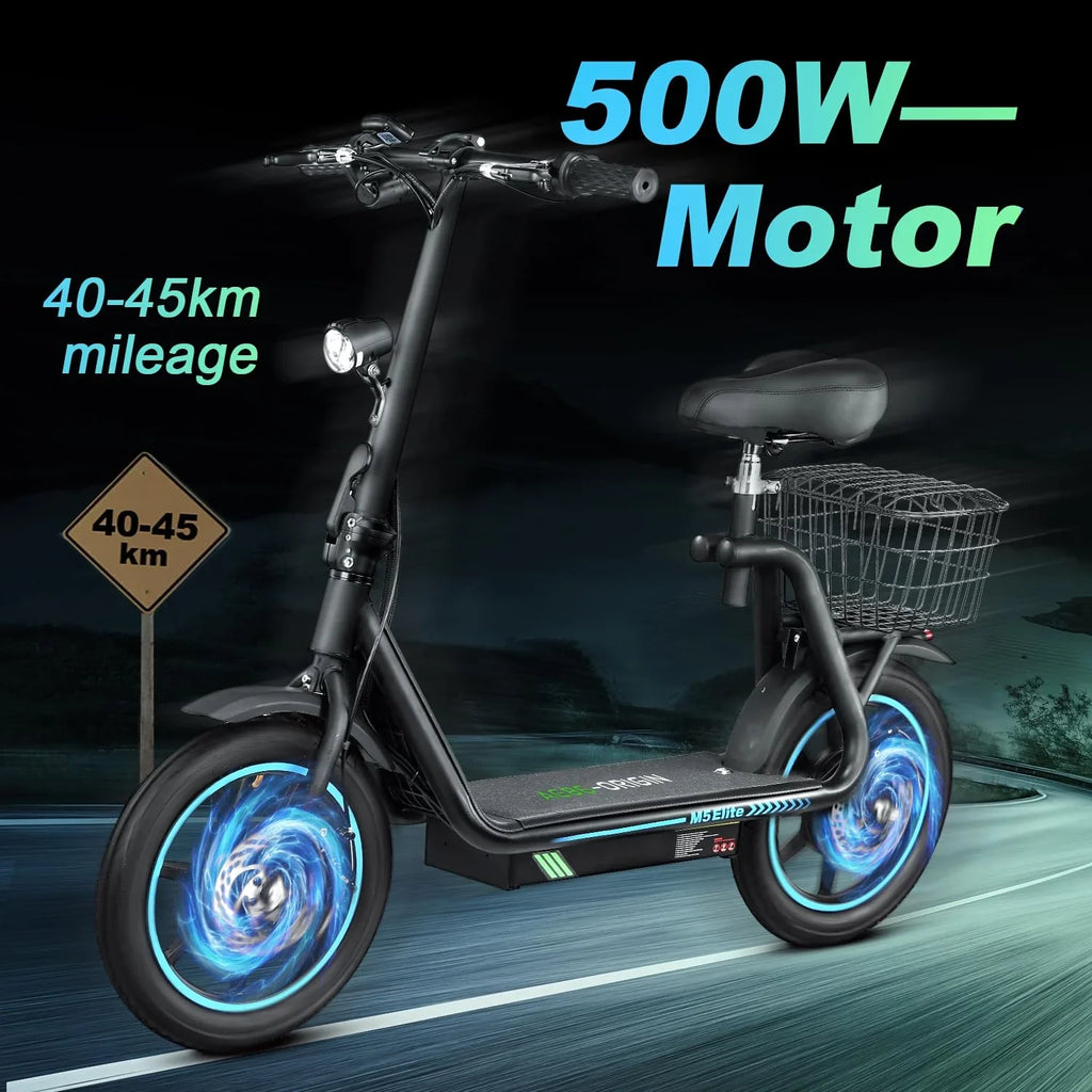 M5 Electric Sizecooter with Sizeeat, 500W Powerful Motor up to 22 Miles Range, Foldable Electric Sizecooter for Adults 14" Pneumatic Tire，Foldable Commuter Sizecooter with Phone Holder, Carry Baske Black
