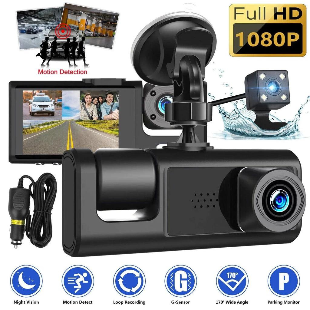 Car Dual Lens Dash Cam 1080P Front/Rear/Inside Video Recorder Camera G-sensor