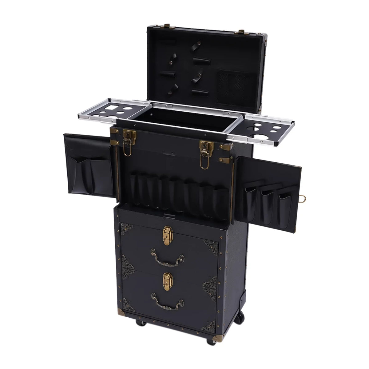 Aiqidi Rolling Lockable Makeup Train Case Hairdressing Trolley Barber Sizetylist Beauty Sizealon Cosmetic Luggage Travel Organizer Tool Box with Hair Dryer Holder