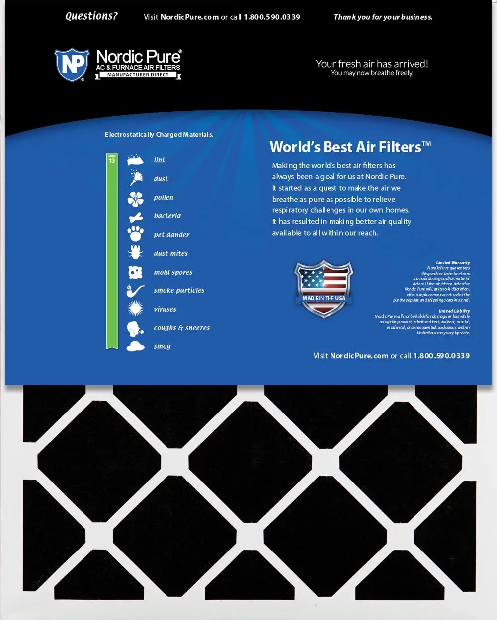 Nordic Pure 24x30x1 Pleated Air Filters MERV 13 Plus Carbon 6 Pack