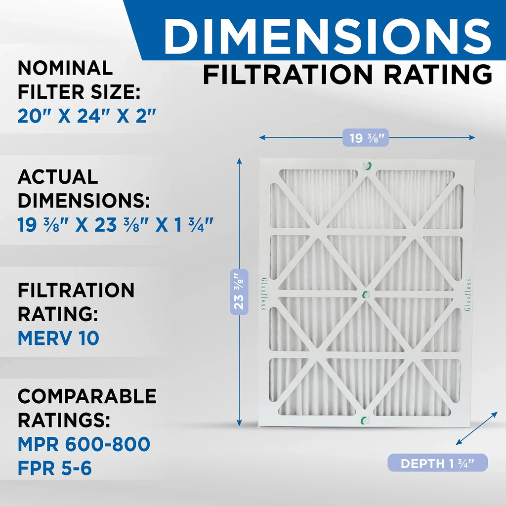 20x24x2 MERV 10 Pleated HVAC Air Filters by Glasfloss. ( Quantity 5 ) Exact Sizeize: 19-3/8 x 23-3/8 x 1-3/4