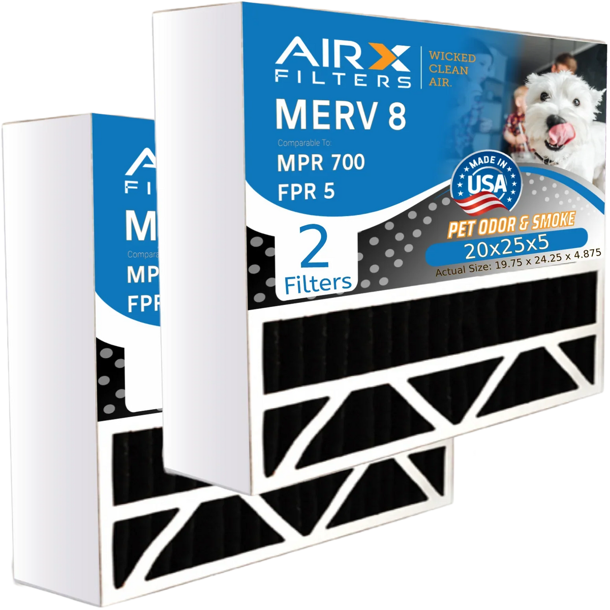 20x25x5 Air Filter Odor Eliminator Carbon Filter MERV 8 Comparable to MPR 700 & FPR 5 Compatible with Air Bear 255649-102 2 Pack by AIRX FILTERSize WICKED CLEAN AIR.