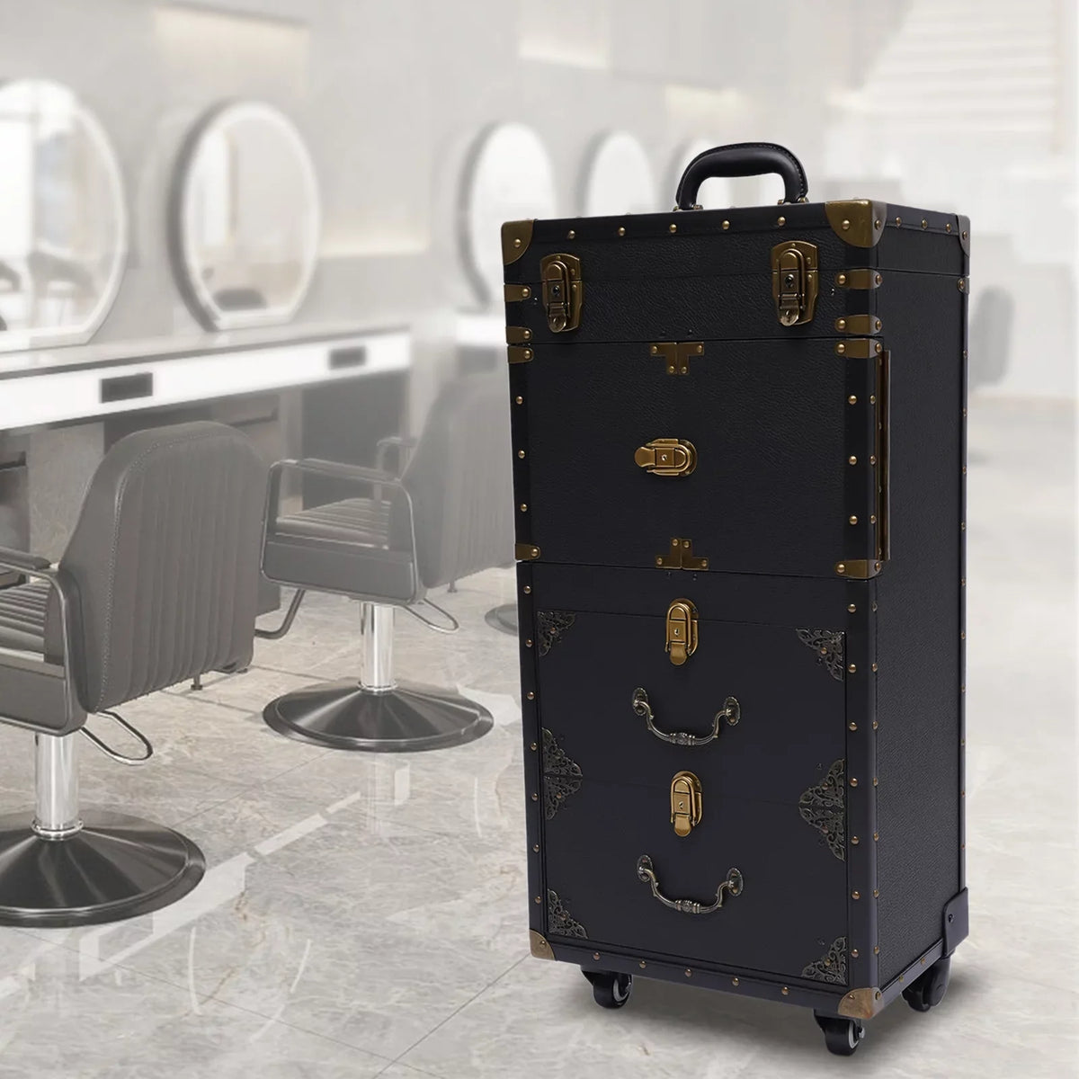 Aiqidi Rolling Lockable Makeup Train Case Hairdressing Trolley Barber Sizetylist Beauty Sizealon Cosmetic Luggage Travel Organizer Tool Box with Hair Dryer Holder