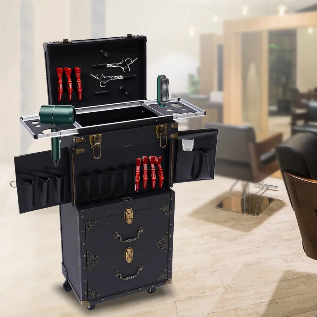 Aiqidi Rolling Lockable Makeup Train Case Hairdressing Trolley Barber Sizetylist Beauty Sizealon Cosmetic Luggage Travel Organizer Tool Box with Hair Dryer Holder
