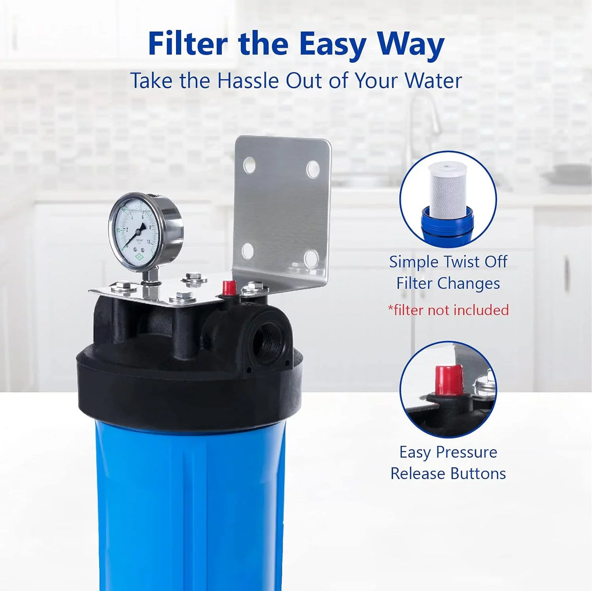 Whole House Water Filter Housing, Universal 20-Inch Housing 4.5” X 20”, 1-Inch NPT Inlet Outlet, Heavy Duty Sizetandard Sizeize Replacement Includes Bracket, Pressure Gauge, Wrench