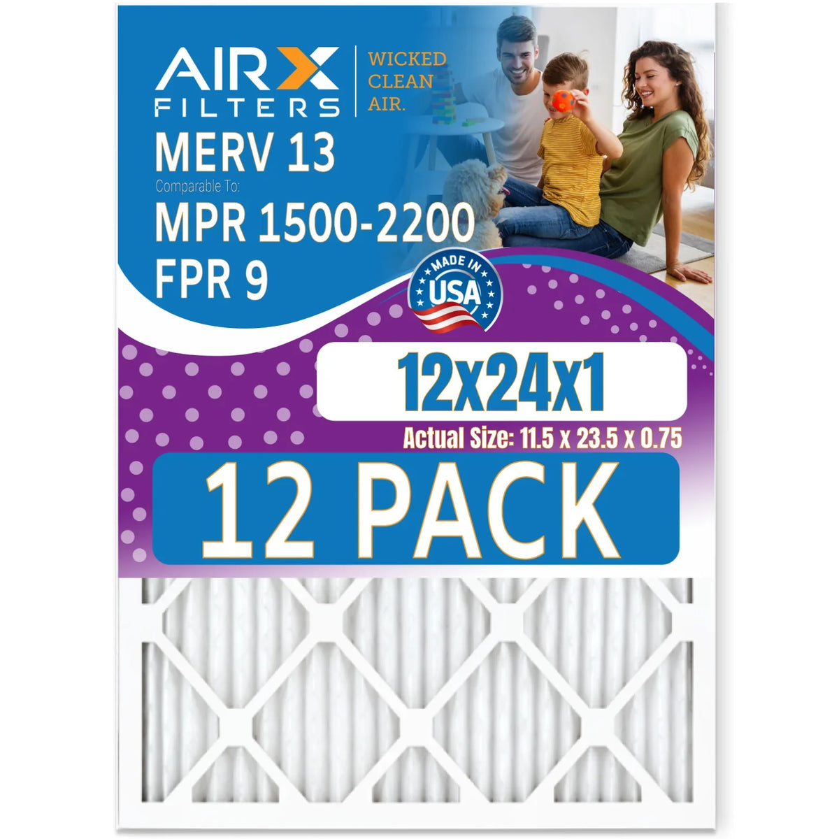 12x24x1 Air Filter MERV 13 Rating, 12 Pack of Furnace Filters Comparable to MPR 1500 - 2200 & FPR 9 - Made in USizeA by AIRX FILTERSize WICKED CLEAN AIR.