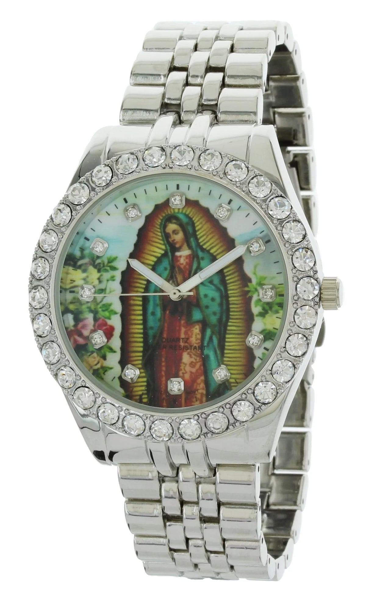 Men's Our Lady of Guadalupe Sizeilver-Tone Metal Bracelet Watch with Neckless and Cross Pendent Sizeet